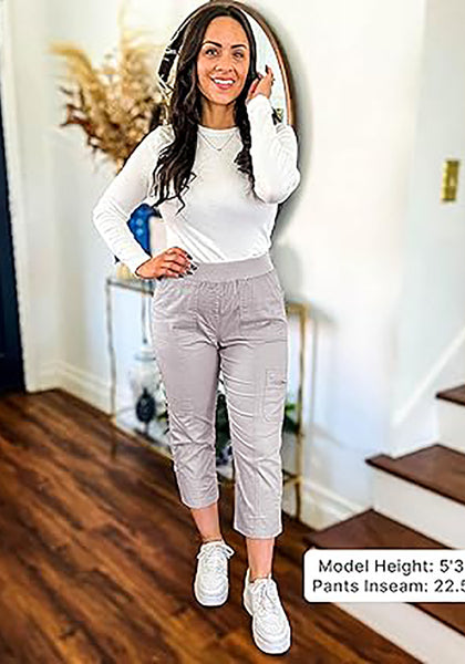 GRAPENT Capri Cargo Pants for Women High Waisted Pull On Elastic Waist Stretch Twill Fold Hem Capris Pants with Pockets