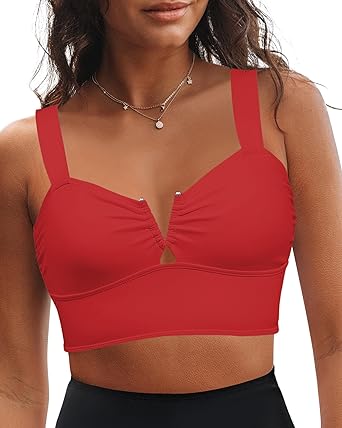 GRAPENT Bikini Tops for Women Cropped Tankini Tops Beach V Bar Padded Ruched Adjustable Strap Swimsuit Swim Top Only