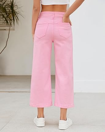 GRAPENT Wide Leg Jeans Woman Trendy Cropped High Waisted Front Seam Casual Stretchy Denim Trouser Jeans with Pockets