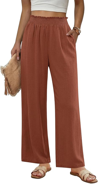 GRAPENT Linen Pants for Women Wide Leg High Waisted Paper Bag Smocked Waist Casual Summer Beach Vacation Palazzo Pants