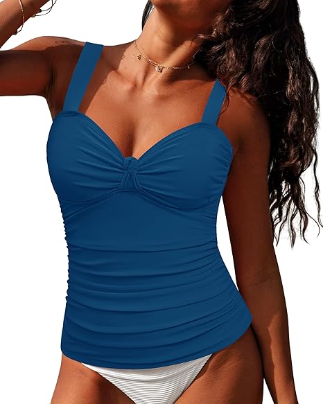 GRAPENT Women's Solid Stretch Ruched Twist Front Tankini Top With No Bottom