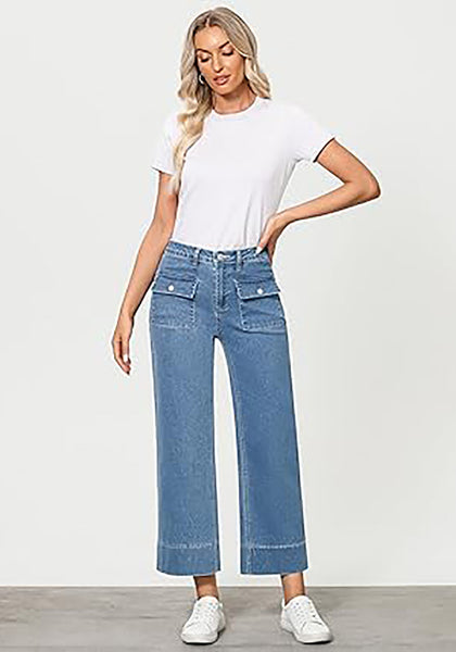GRAPENT Wide Leg Jeans for Women Trendy High Waisted Straight Leg Cropped Stretchy Denim Pants with Retro Patch Pockets