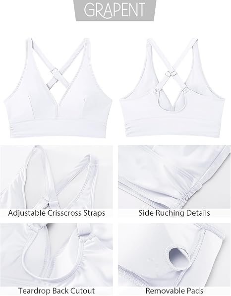 GRAPENT Bikini Top for Women V Neck Ruched Criss Cross Padded Beach Vacation Bathing Suit Modest Cute Swim Suit Top Only