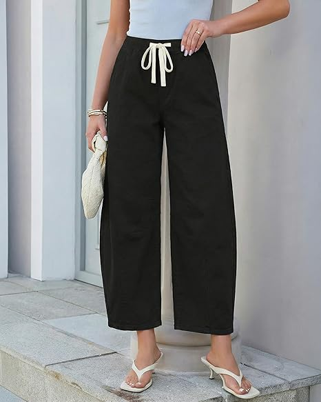 GRAPENT Barrel Jeans for Women Trendy High Waisted Cropped Baggy Wide Leg Pull On Elastic Waist Stretchy Denim Pants