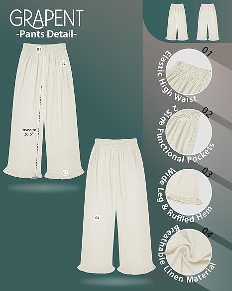 GRAPENT Linen Pants Women Wide Leg Ruffle Hem Pull On High Waisted Elastic Waist Cropped Ankle Casual Beach Summer Pants