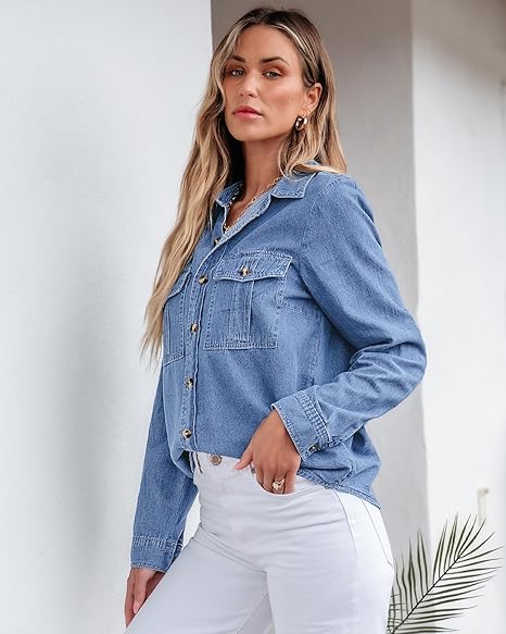 Grapent Women's Supima Cotton Wrinkle-free Relaxed Fit  Button Shirt Workwear-inspired Denim Shirt