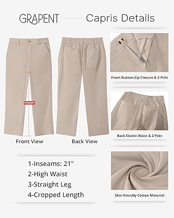 Grapent Women's Capri Straight Lounge Pants Outdoor Breathable Cotton Durable Regular Cropped Trousers