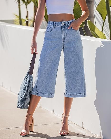 GRAPENT Capri Jeans for Women Wide Leg Trendy High Waisted Side Seam Stretchy Denim Capris Pants Summer Casual Jeans