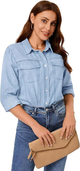 GRAPENT Women's Shirt Rugged Button Down Loose Durable Classic Fitted Denim Blouse Top