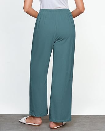 GRAPENT Linen Wide Leg Pants Woman High Waisted Pull On Button Drawstring Baggy Casual Summer Palazzo Pants with Pockets