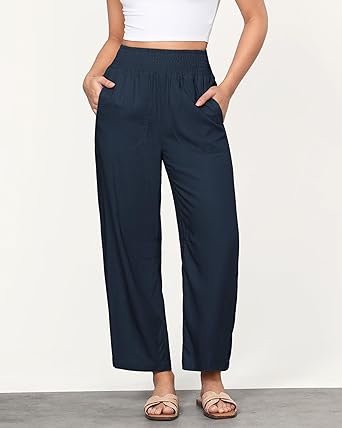 GRAPENT Linen Pants Women Wide Leg High Waisted Cropped Barrel Pull On Smocked Elastic Waist Summer Pants with Pockets