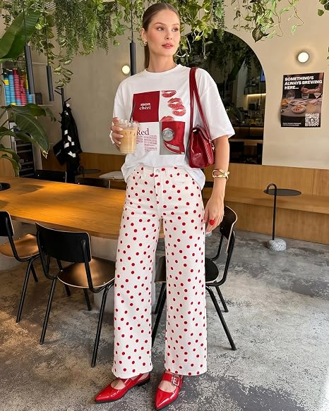 GRAPENT Wide Leg Jeans for Women High Waisted Polka Dot Stretch Denim Pants | Polka Dot, 90s Baggy Straight, High Rise, 29.5 Inch Inseam, Stretchy Jean Pants, Classic 5 Pockets, Business Casual Outfits