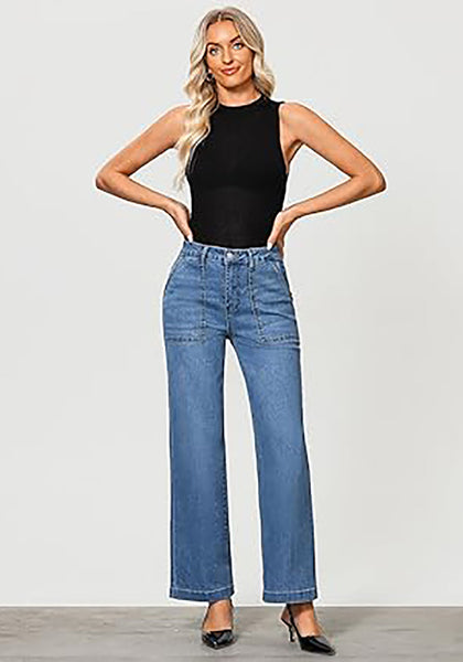 GRAPENT Jeans for Women High Waisted Straight Leg Jeans Stretchy Trendy Wide Leg Denim Pants Jean Trousers Patch Pockets