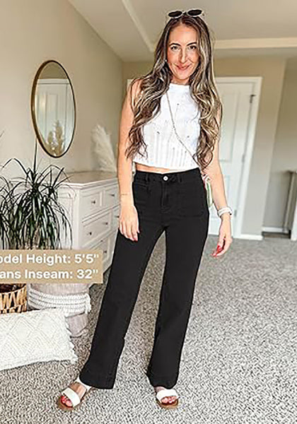 GRAPENT Women's Full Length Stretch Denim Regular Jeans High Waisted Bell Bottom