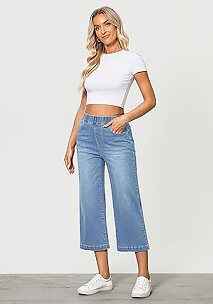 GRAPENT Capri Jeans for Women Wide Leg High Waisted Effortless Flow Pull On Stretchy Denim Elastic Waist Pants with Pockets