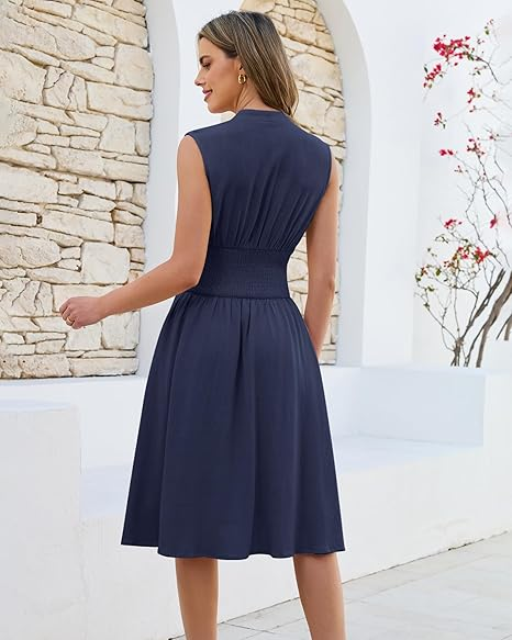 GRAPENT Linen Dresses for Women Summer Casual Flowy V Neck Sleeveless Smocked Zip Beach Vacation Midi Dress with Pockets
