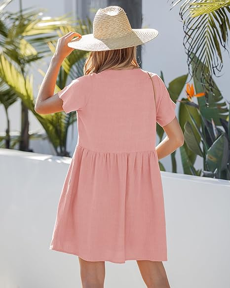 GRAPENT Linen Dresses for Women Casual Summer Babydoll Button Down Short Sleeve V Neck Above Knee Dress with Pockets