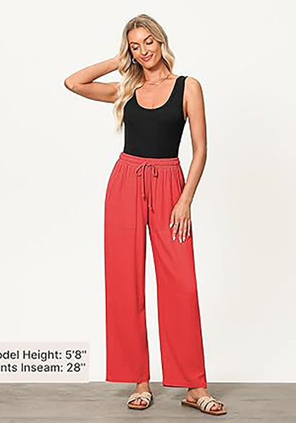 GRAPENT Linen Pants for Women Wide Leg High Waisted Baggy Drawstring Elastic Waist Palazzo Trousers Pants with Pockets