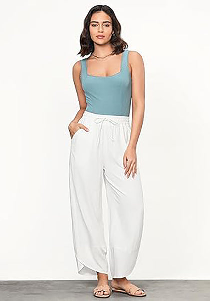 GRAPENT Linen Pants Women High Waisted Wide Leg Casual Beach Pull On Elastic Waist Summer Cropped Pants with Pockets