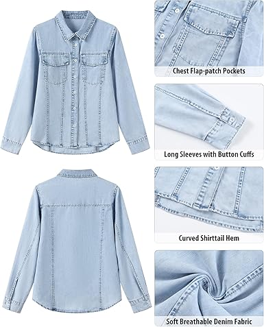 GRAPENT Women's Shirt Rugged Button Down Loose Durable Classic Fitted Denim Blouse Top