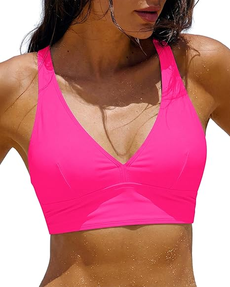 GRAPENT Bikini Top for Women V Neck Ruched Criss Cross Padded Beach Vacation Bathing Suit Modest Cute Swim Suit Top Only