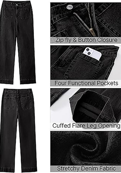 GRAPENT Women's Full Length Stretch Denim Regular Jeans High Waisted Bell Bottom