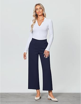 GRAPENT Cropped Pants for Women Trendy Business Casual High Waisted Pull On Wide Leg Stretchy Dress Pants with Pockets