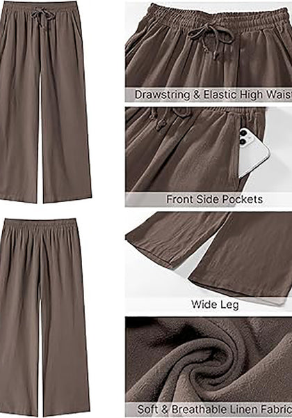 GRAPENT Linen Pants for Women High Waisted Wide Leg Capri Elastic Waist Casual Beach Flowy Cropped Summer Capris Pants