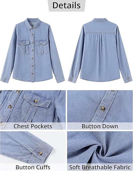 Grapent Women's Supima Cotton Wrinkle-free Relaxed Fit  Button Shirt Workwear-inspired Denim Shirt