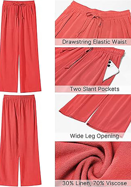 GRAPENT Linen Pants for Women Wide Leg High Waisted Baggy Drawstring Elastic Waist Palazzo Trousers Pants with Pockets