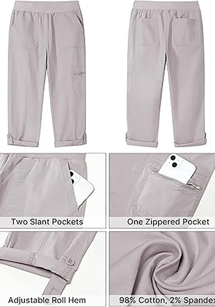 GRAPENT Capri Cargo Pants for Women High Waisted Pull On Elastic Waist Stretch Twill Fold Hem Capris Pants with Pockets
