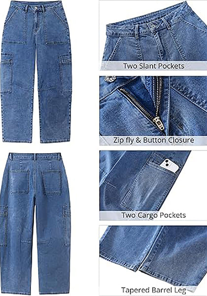 GRAPENT Barrel Jeans for Women Trendy High Waisted Cropped Cargo Pocket Baggy Stretch Denim Pants Wide Leg Tapered Jeans
