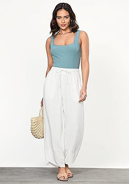 GRAPENT Linen Pants Women High Waisted Wide Leg Casual Beach Pull On Elastic Waist Summer Cropped Pants with Pockets