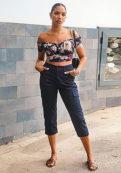 GRAPENT Cargo Capri Pants for Women High Waisted Relaxed Fit Elastic Knit Waist Casual Capris Trousers Cropped Pants