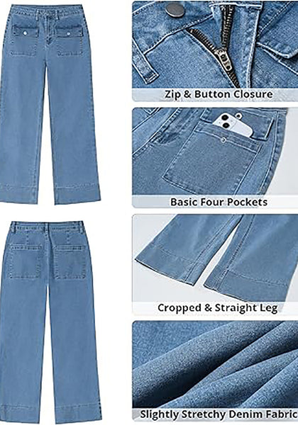 GRAPENT Wide Leg Jeans for Women Trendy High Waisted Straight Leg Cropped Stretchy Denim Pants with Retro Patch Pockets