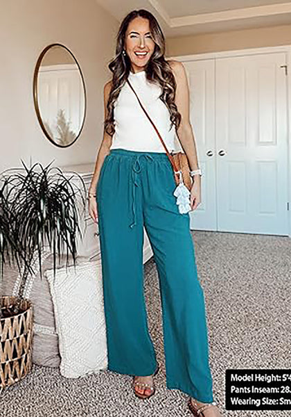 GRAPENT Wide Leg Pants Woman Linen High Waisted Pull On Flowy Casual Baggy Drawstring Palazzo Trousers Pants Resort Wear
