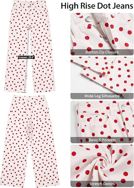GRAPENT Wide Leg Jeans for Women High Waisted Polka Dot Stretch Denim Pants | Polka Dot, 90s Baggy Straight, High Rise, 29.5 Inch Inseam, Stretchy Jean Pants, Classic 5 Pockets, Business Casual Outfits