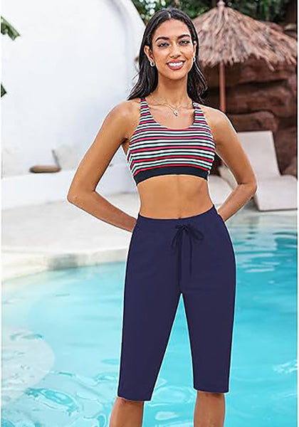 GRAPENT Women's Casual Elastic Waist Swim Pants Drawstring Jammer Knee-Length