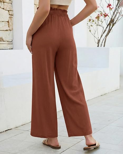 GRAPENT Linen Pants for Women Wide Leg High Waisted Paper Bag Smocked Waist Casual Summer Beach Vacation Palazzo Pants