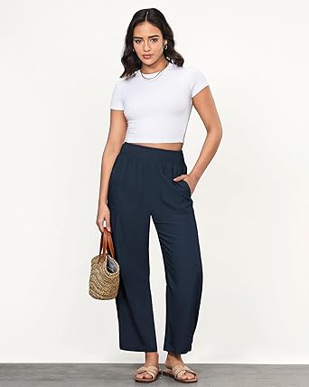 GRAPENT Linen Pants Women Wide Leg High Waisted Cropped Barrel Pull On Smocked Elastic Waist Summer Pants with Pockets