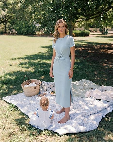 GRAPENT Long Dresses for Women Summer Casual Side Slit Twist Front 2026 Beach Vacation Short Sleeve Comfy Tshirt Dress
