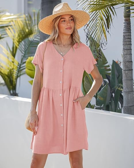GRAPENT Linen Dresses for Women Casual Summer Babydoll Button Down Short Sleeve V Neck Above Knee Dress with Pockets