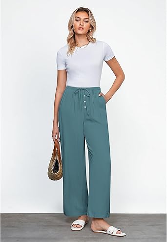 GRAPENT Linen Wide Leg Pants Woman High Waisted Pull On Button Drawstring Baggy Casual Summer Palazzo Pants with Pockets