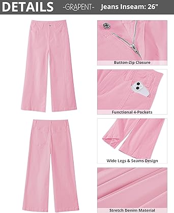 GRAPENT Wide Leg Jeans Woman Trendy Cropped High Waisted Front Seam Casual Stretchy Denim Trouser Jeans with Pockets