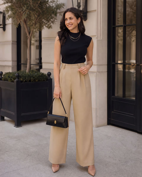GRAPENT Dress Pants Women Wide Leg Business Casual Pull On Work Trousers | Pull On Closure, High Waisted, Elastic Back Waist, Front Pleated, Dressy Casual Pants, Office Wear, Business Casual Outfits