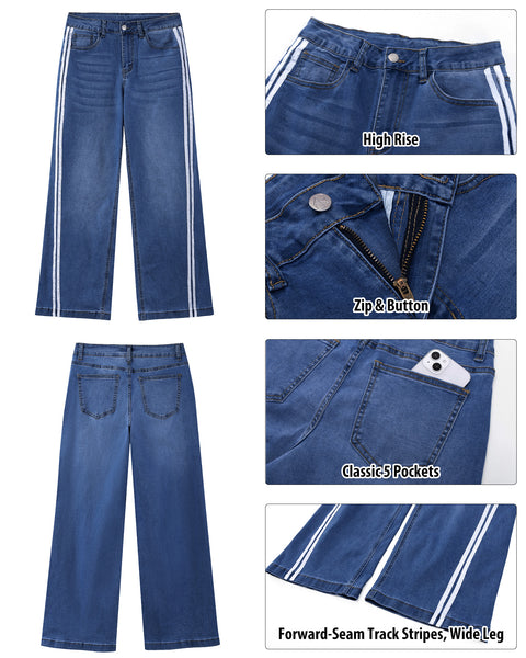 GRAPENT Wide Leg Jeans for Women High Rise Track Stripe Stretch Denim Pants Womens Jeans High Waisted, Full Length, 29.5" Inseam, Classic 5 Pockets, 90s Baggy Style, Country Concert, Work Casual Outfit