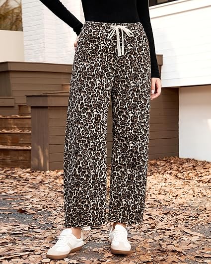 GRAPENT Barrel Jeans for Women Trendy High Waisted Pull On Wide Leg Cropped Leopard Cheetah Print Stretchy Denim Pants