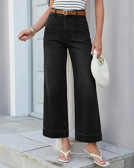 GRAPENT Wide Leg Jeans for Women Cropped High Waisted Trendy Patch Pocket Baggy Loose Straight Leg Stretchy Denim Pants