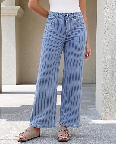 GRAPENT Striped Jeans for Women Trendy High Waisted Wide Leg Dressy Casual Stretchy Denim Pants Trouser Jeans