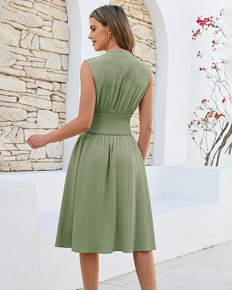 GRAPENT Linen Dresses for Women Summer Casual Flowy V Neck Sleeveless Smocked Zip Beach Vacation Midi Dress with Pockets